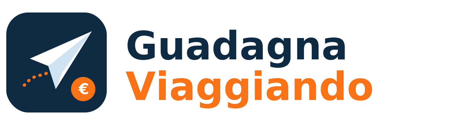 Logo Guadagna Viaggiando: aereo di carta con moneta euro